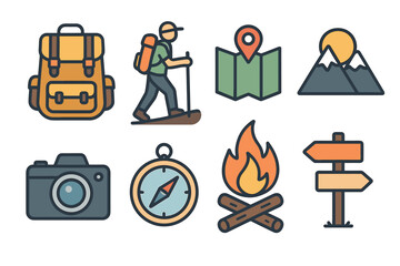 Colorful icons of camping gear including a backpack, hiker, map, mountain, camera, compass, campfire, and wooden signpost.