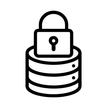Secure Database Line Icon: Linear icon of a padlock on a database representing data protection, cybersecurity, and privacy.