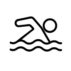 Swimmer Line Icon – Swimming Activity Symbol: Simple black outline icon of a person swimming. Great for sports apps, pool signage, and summer recreation designs.