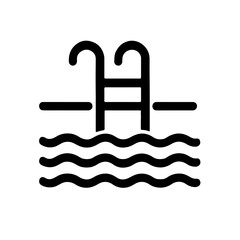 Swimming Pool Ladder Icon – Pool Access Symbol: Simple black outline icon of a pool ladder above waves. Ideal for pool signage, vacation materials, and leisure branding.