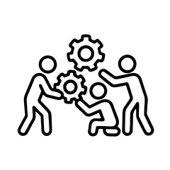 Teamwork Icon with Gears – Collaboration Concept:
Line art icon of three people holding gears symbolizing teamwork, cooperation, and problem-solving for business or industrial concepts.