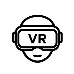 VR Headset Icon – Virtual Reality Experience: Outline icon of a person wearing virtual reality headset, symbolizing innovation, gaming, and immersive technology experiences.