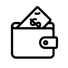 Wallet Icon – Finance and Payment Symbol: Minimal black line wallet icon with money symbol, representing finance, payment, or personal budgeting. Great for business and app design.