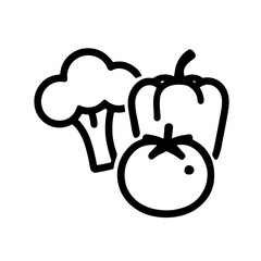 Simple Line Icon of Fresh Vegetables: Minimalist black outline icon showing broccoli, bell pepper, and tomato. Ideal for healthy food, nutrition, or grocery design projects.