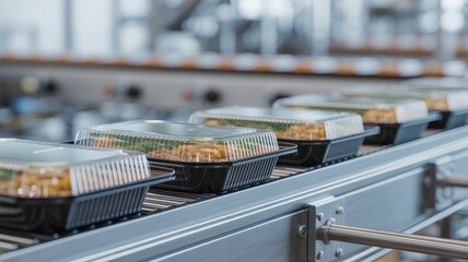 Ready Meal Trays on a Food Factory Conveyor Line. black plastic ready meal trays moving in a single file line on a stainless steel conveyor belt. sterile, industrial food processing plant