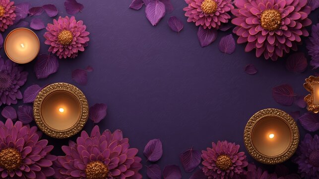 Colorful floral arrangement with candles on a purple background for a special celebration or meditation