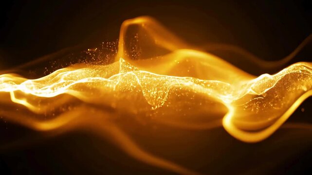 Dynamic, richly detailed abstract animation of shimmering golden particles forming luminous, undulating energy waves flowing horizontally against a dark background