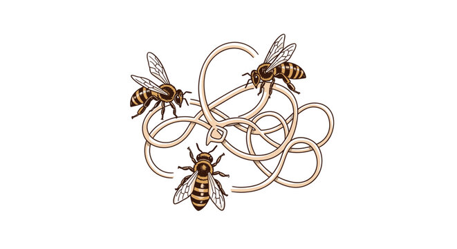 Three bees entangled in a complex knot of light brown threads, representing confusion or a difficult situation