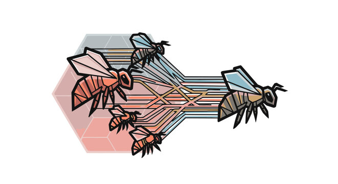 Abstract illustration of bees in flight creating a hexagonal pattern with lines of movement