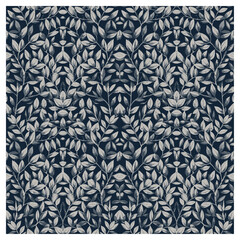 This elegant seamless botanical pattern features intricate hand-drawn leaves in soft beige tones set against a deep navy background. The delicate symmetry and fine detailing create a sense.
