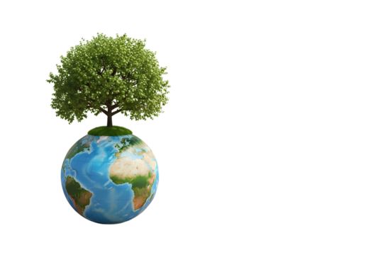 Tree growing on digital earth globe isolated on transparent background, technology