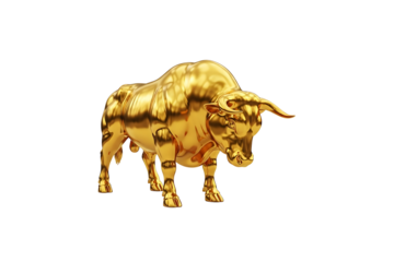 Golden bull statue isolated on transparent background, a symbol of financial success