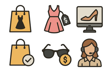 Collection of simple, colorful icons representing shopping concepts including dresses, bags, sunglasses, a shoe on a monitor, and a customer service female agent.