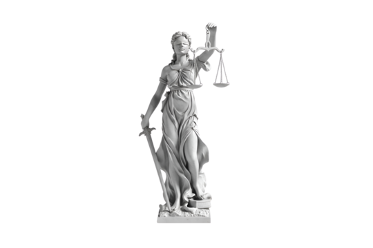 Statue of justice isolated on transparent background, a symbol of law and order