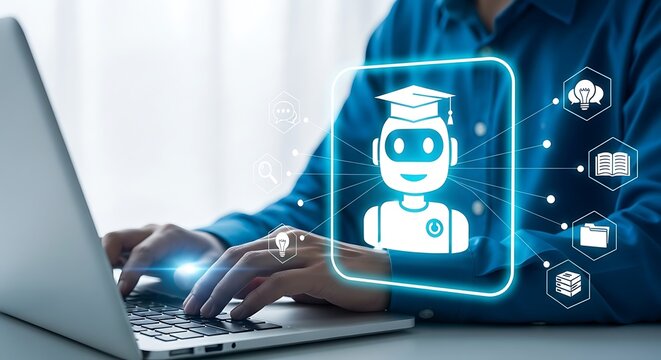 Artificial Intelligence Education and Modern Learning Solutions with Person Using Laptop for Online Courses and AI Assisted Study Resources for Skill Enhancement