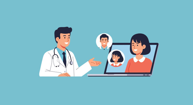 Doctor consulting with patients online using telehealth technology and video conferencing for modern healthcare solutions and remote medical advice access