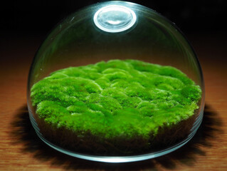 Lush green moss in a clear glass dome on wooden surface