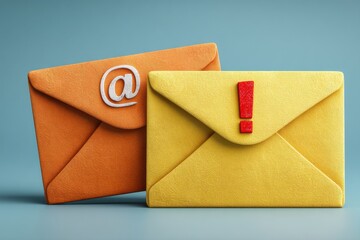 Two colorful envelopes in orange and yellow with @ and exclamation symbols, symbolizing communication