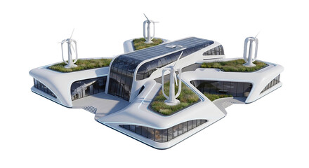 Futuristic eco friendly building isolated on transparent background with windmills