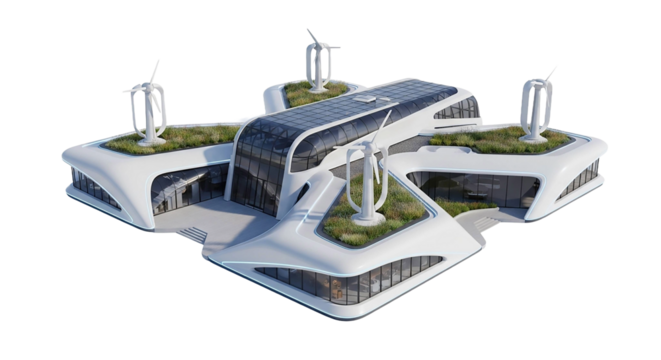 Futuristic eco friendly building isolated on transparent background with windmills - Powered by Adobe