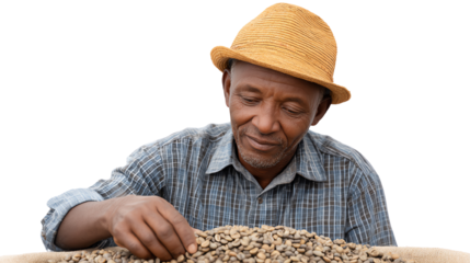 A farmer inspecting harvested coffee beans, showcasing dedication to quality in agriculture.
