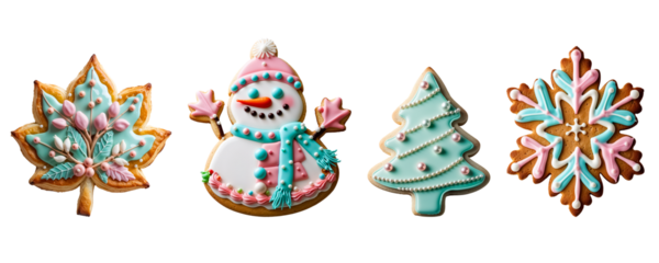 festive Christmas cookies decorated with icing isolated on transparent background