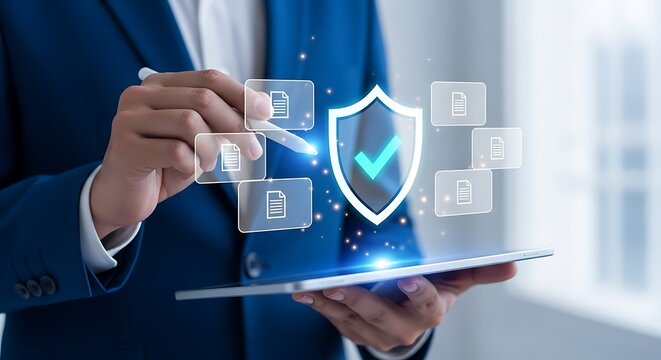 Data security and document management concept with businessman holding a tablet and security shield and document icons floating around symbolizing safe document handling