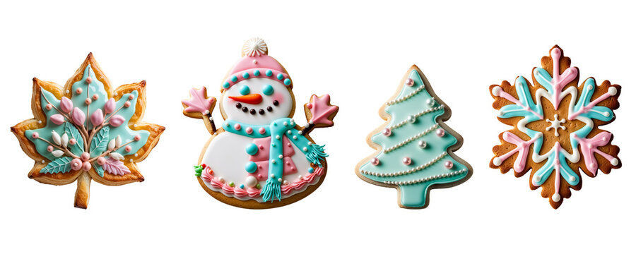 festive Christmas cookies decorated with icing isolated on transparent background