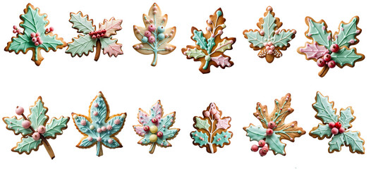 festive Christmas cookies decorated with icing isolated on transparent background