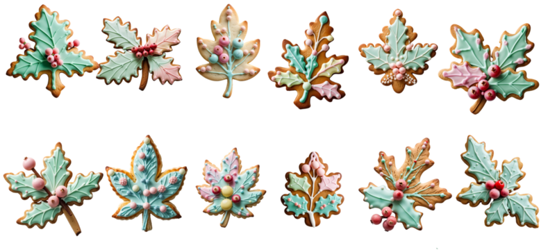 festive Christmas cookies decorated with icing isolated on transparent background