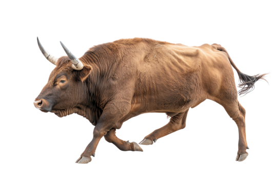 A powerful bull in motion, showcasing strength and grace against a white isolated background.