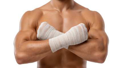Athlete with bandaged hands crossed in front, strong physique, isolated on white background.