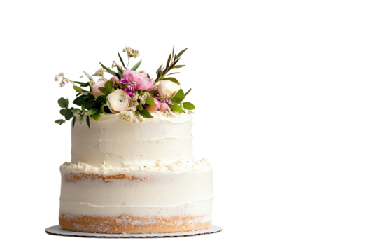 A two-tiered naked cake adorned with fresh flowers, perfect for celebrations and special occasions, white isolate background.