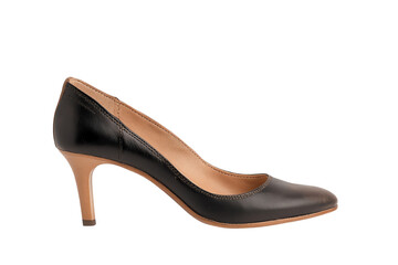 Obraz premium Elegant black high heel shoe on a white isolated background, showcasing a stylish footwear design.