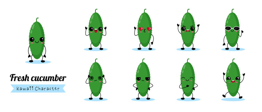 Naklejki Fresh cucumber kawaii character set with funny expressions