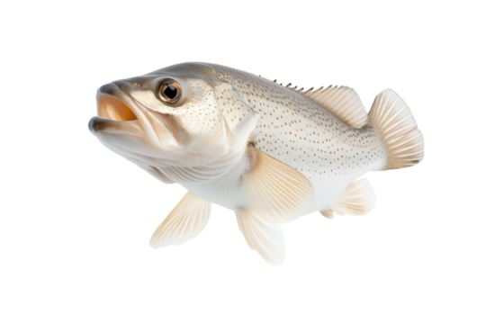 Detailed image of a bass fish with a white isolate background, showcasing its scales and features.