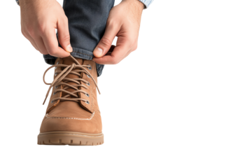 Person tying shoelaces on brown footwear, isolated on white background.