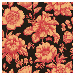 This captivating seamless floral pattern features beautifully illustrated coral and peach-toned blossoms with intricate detailing, set against a rich dark chocolate background.