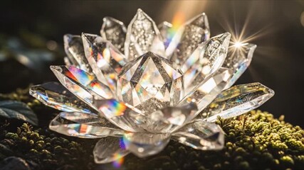 Crystal lotus flower sparkling brightly under radiant golden light