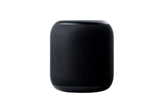Modern smart speaker in black design against a white background, perfect for home audio and smart home integration.