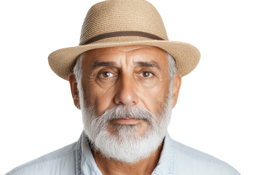 Portrait of a mature man with a beard and straw hat, expressing wisdom and experience, isolated on a white background.