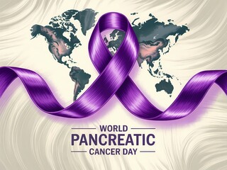 World pancreatic cancer day awareness ribbon and global map background symbolizing awareness and support