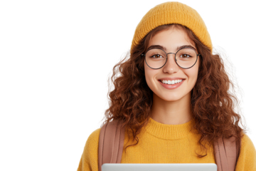 Smiling young woman with curly hair, wearing glasses and a yellow beanie, holding a laptop, isolated on white background.
