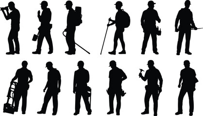 Worker silhouettes, construction tools, manual labor, industrial professions, maintenance crew, job diversity, tradespeople, black icons, vector illustration, equipment poses