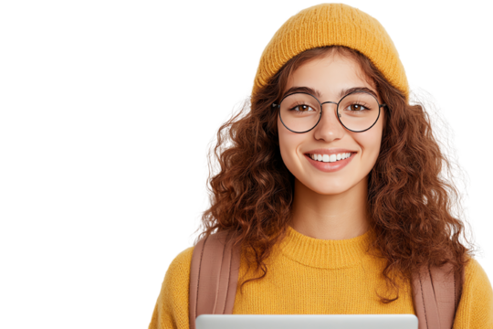 Smiling young woman with curly hair, wearing glasses and a yellow beanie, holding a laptop, isolated on white background.