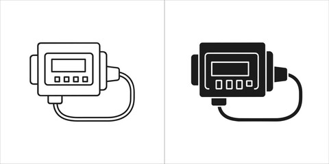 Black and white outline and filled icons of a digital meter with a cable © Create