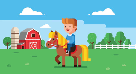 Fototapeta premium Smiling young boy enjoying a ride on a cute brown pony.