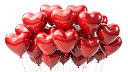 A large bunch of red heartshaped balloons isolated on a transparent background, perfect for celebrations