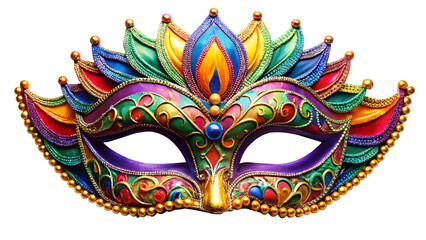 A vibrant, ornate venetian masquerade mask with intricate details and colorful embellishments, isolated on transparent background