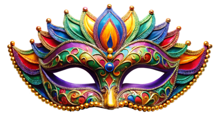 A vibrant, ornate venetian masquerade mask with intricate details and colorful embellishments, isolated on transparent background